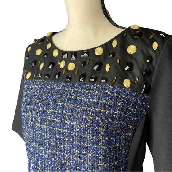 Ellen Tracy Tweed Knit Sheath Dress Embellished Blue Black Careerwear Office 10 - Picture 2 of 9